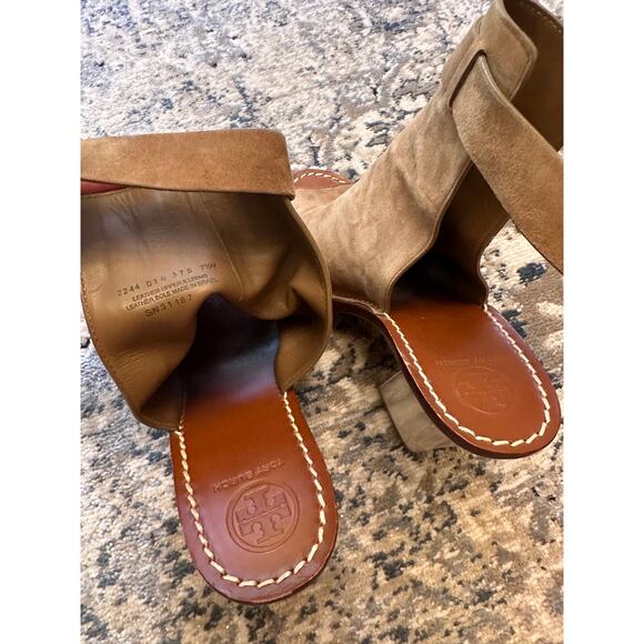 Tory Burch Suede Buckle Peep Toe Block Heels - Picture 5 of 5